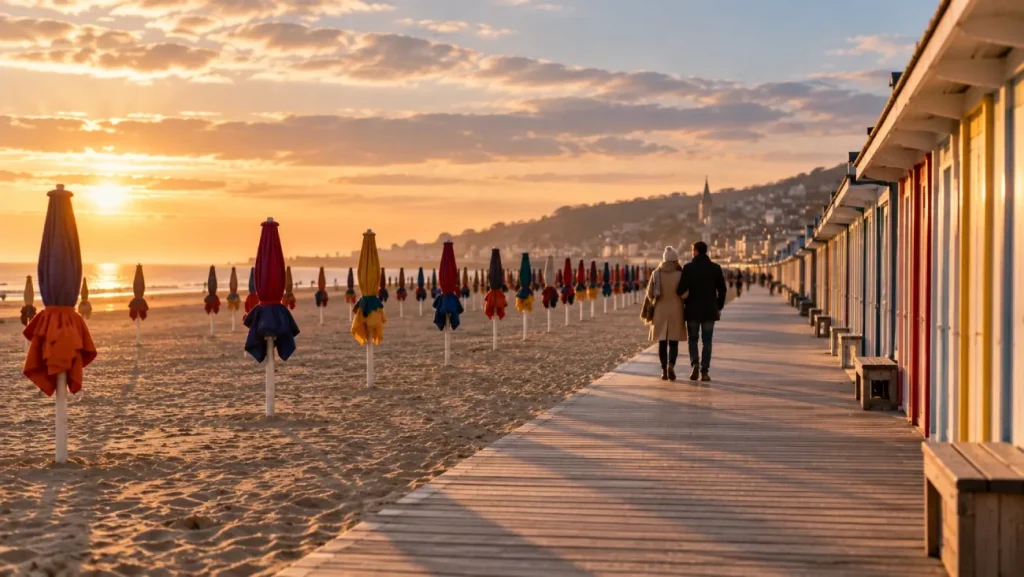 Plage et cabines de bain de Deauville sous la lumière douce de l'hiver