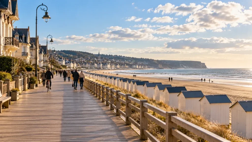 Promenade du week-end sur les planches au bord de la plage à Deauville
